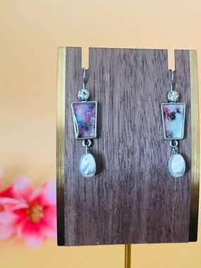 Silver plated faux pearl, marble & clear rhinestones earrings